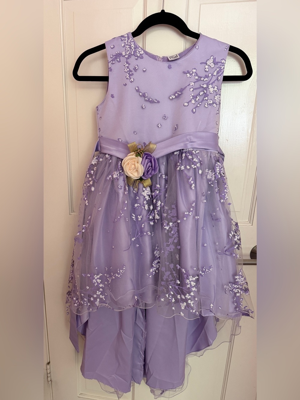 Girls' Lavender Floral Tulle Party Dress with Rosette Waist